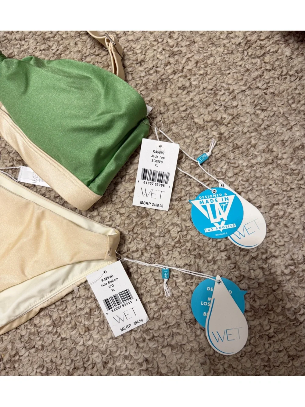 WET Swim Two-Piece Cream & Green Bikini Set — Knot Front Top & High-Cut Bottom